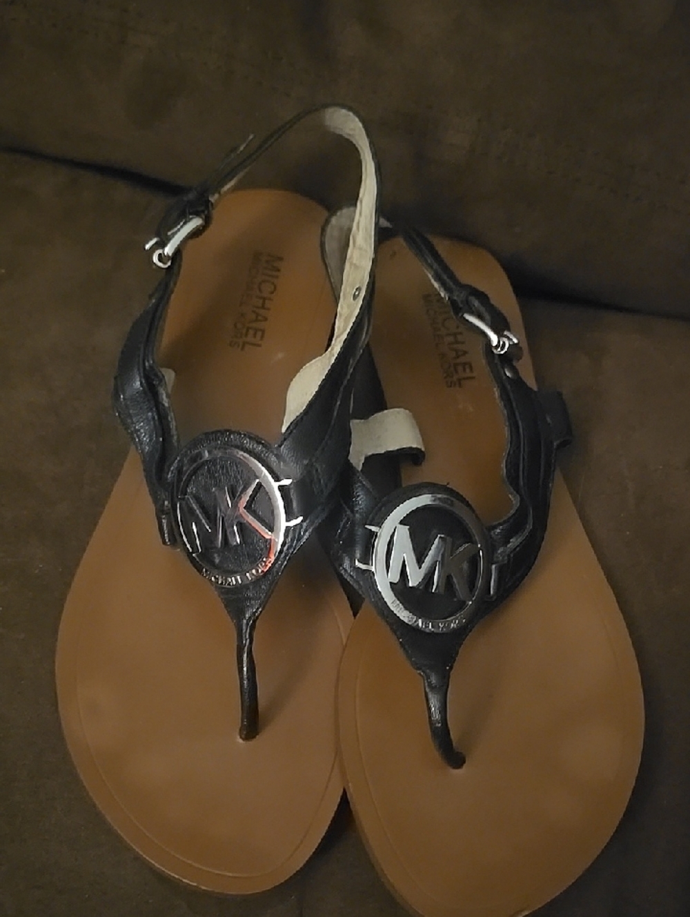 MICHAEL Michael Kors Black and Tan MK Logo Thong Sandals